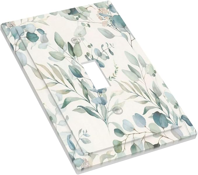 Boho Green White Eucalyptus Leaf Floral Decorative Light Switch Cover 1 Gang Single Toggle Device Electrical Faceplate Switchplates Decorator Outlet Wall Plate for Farmhouse Living Room Decor