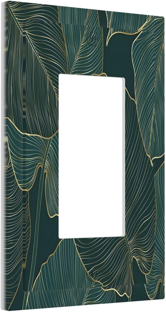 Gold Tropical Green Botanical Palm Leaves Decorative Outlet Covers 1 Gang Single Rocker Light Switch Cover Plate Wall Plates GFCI Faceplate for Bedroom Living Room Decor