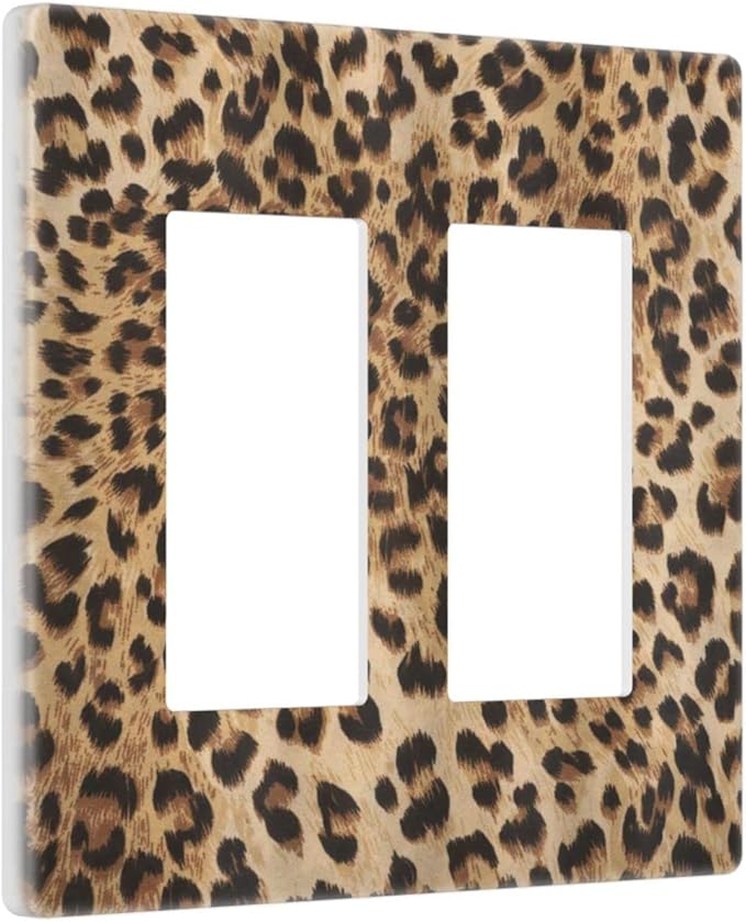Classic Leopard 2 Gang Double Rocker/Decor Light Switch Cover Decorative Outlet Wall Plate Electrical Faceplate Home Bedroom Art Panel Decor Screwless 4.7" x 4.6