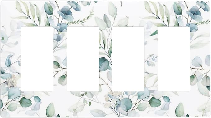 Watercolor Spring Eucalyptus Green Saga Leaves Plant Nature Botanical Floral 4 Gang Quad Device Screwless Decorator GFCI/Rocker Wall Plate Light Switch Dimmer Receptacle Outlet Cover Standard Size