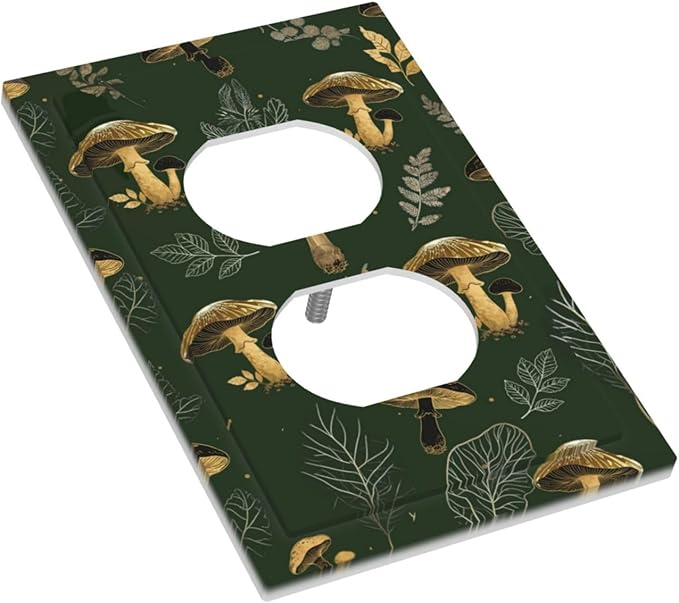 Decorative Outlet Covers Cute Gold Mushtroom Green Plant Leaf 1 Gang Duplex Light Switch Cover Plate Unique Wall Plates for Electrical Outlets Switch Plate Covers for Bedroom Decor