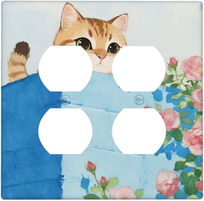 Cat Flower Double Duplex Receptacle Outlet Cover Wall Plate Decorative 2 Gang Light Switch Covers Electrical Switchplate Home Decorate Faceplat for Bathroom Bedroom Kitchen Room 4.5 x 4.5 Inch