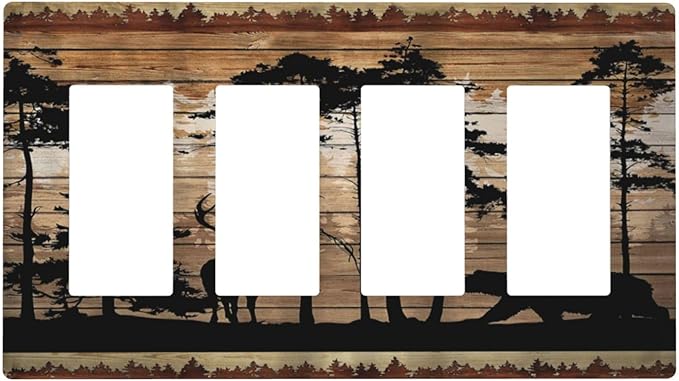 Hunting Forest Deer Bear 4 Gang Quad Rocker/GFCI/Decorator Light Switch Cover Plate Decorative Electric Faceplate Decorative Switchplate Screwless