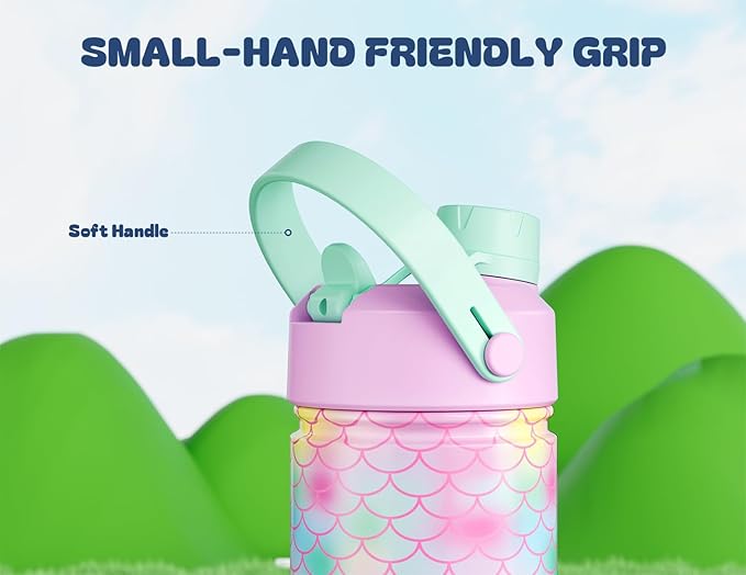 POWCAN 12 oz Kids Insulated Mermaid Water Bottle for School: 2-in-1 Straw Spout Lid, Leakproof, BPA-Free, Keep Cold 24H, Reusable Stainless Steel Cup, Birthday Gift for Girls Daughters (Ocean Scales)