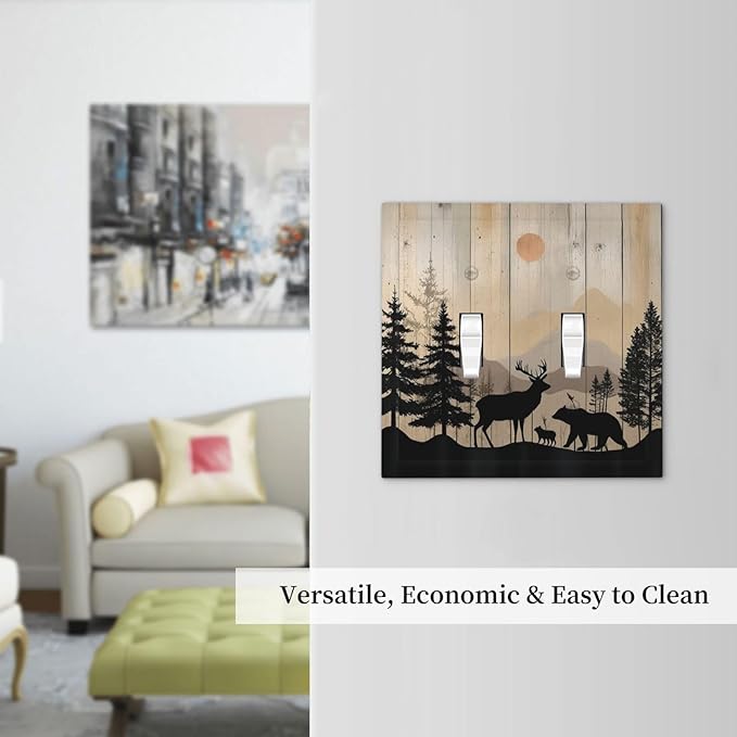Decorative Switch Plates Wood Board Wildlife Cute Bear Deer Forest Rustic 2 Gang Double Toggle Outlet Light Switch Cover Wall Plate Electrical Faceplate for Bathroom Farmhouse Decor