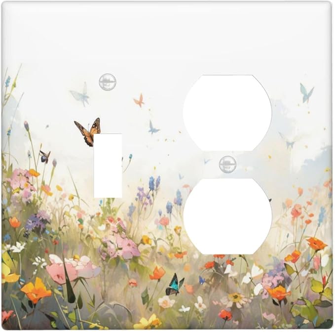 Wildflowers Watercolor Floral Colorful Butterfly Wallplates 1 Toggle 1 Duplex Switch Plate Electrical GFCI Faceplate Decorative Light Switch Covers for Farmhouse Bed Room Decor
