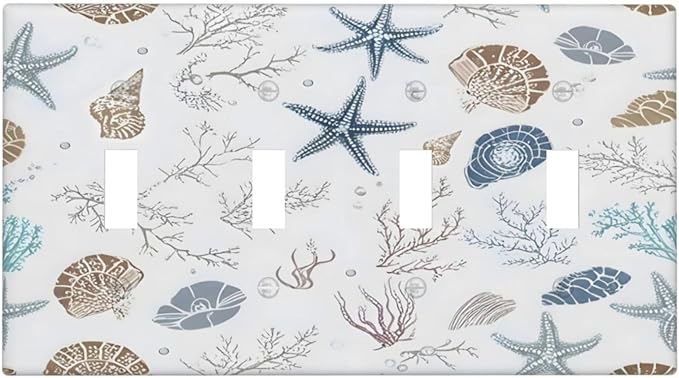 Ocean Starfish Seashells Nautical Coastal Sea Coral Light Switch Covers Quad Toggle Electrical Faceplate 4 Gang Wall Plate Decorative Switch Plates for Kids Room Nursery Decor