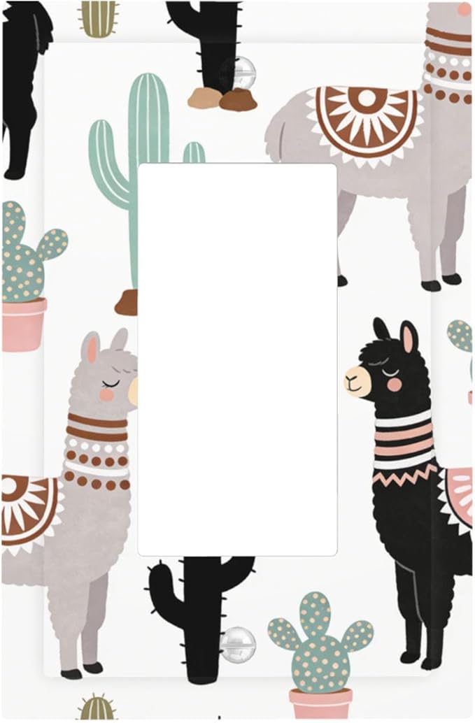 Playful Llamas & Cactuses Desert Pattern Single Rocker Switch Cover - 1-Gang Standard US Size Bohemian Desert Animals Light Switch Covers for Boys & Girls Bedroom Playroom Decor
