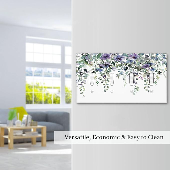 Light Switch Cover Plate Blue Purple Eucalyptus Leaves Boho Botanical 4 Gang Quad Toggle Decorative Switch Plates Wall Panels Electrical Wall Plates Faceplate for Bathroom Home Decor