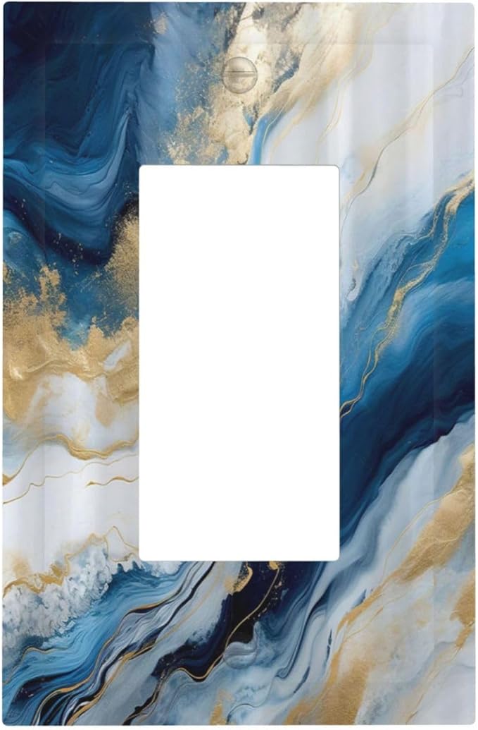 Abstract Blue Granite Luxury Watercolor Marble Texture Print 1 Gang Rocker Light Switch Covers Decorative Unique Single Decora Outlet Wall Plate Faceplate Switchplate GFCI for Bathroom Decor