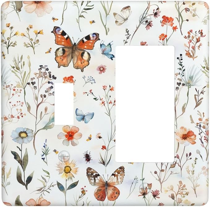 Outlet Covers Butterfly Floral Boho Multicolor Flower Leave 1 Toggle 1 Rocker Combination Decorative Wall Plate Electrical Switch Plates Light Switch Cover Plate for Bed Room living Room