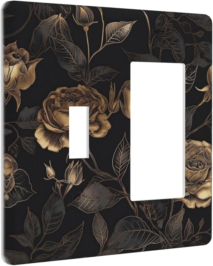 Black Floral Dark Vintage Gold Rose Flower Outlet Covers 1 Toggle 1 Rocker Combination Decorative Wall Plate Electrical Switch Plates Light Switch Cover Plate for Bedroom Living Room Decor