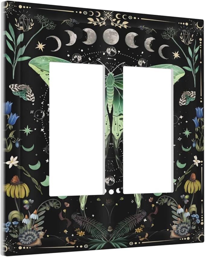 Moon Phase Butterfly Wildflower Plant Mysterious Night Moonlit Decorative Outlet Covers 2 Gang Double GFCI Rocker Electrical Wall Panels Light Switch Cover Plate for Bedroom Living Room Decor