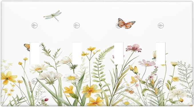 Colorful Wildflowers Dragonfly Butterfly Floral Light Switch Covers Quad Toggle Electrical Faceplate 4 Gang Wall Plate Decorative Switch Plates Cover for Bedroom Living Room Decor