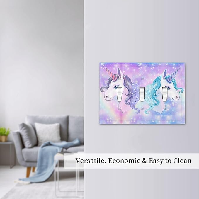 Cute Colorful Purple/Blue Rainbow Unicorn 3 Gang Toggle Light Switch Cover, Cute Kid Girls Girly Fantasy Decorative Three Device Triple Toggle Switch Face Wall Plate Electrical Decorator Outlet Cover