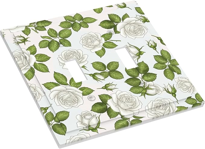 Elegant White Roses & Green Leaves Floral Double Toggle Switch Cover - 2-Gang Standard US Size Timeless Rose Garden Light Switch Covers for Bathroom Bedroom Vanity Decor