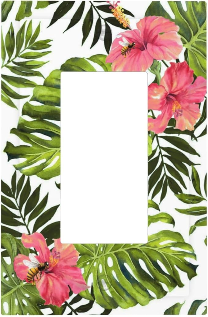 Tropical Plant Green Palm 1 Gang Light Switch Cover Single Rocker/Gfci Device Decorative Wall Plate Standard Size Receptacle Banana Leaves Pink Flower Rainfores Jungle Botanical Outlet Cover Plates
