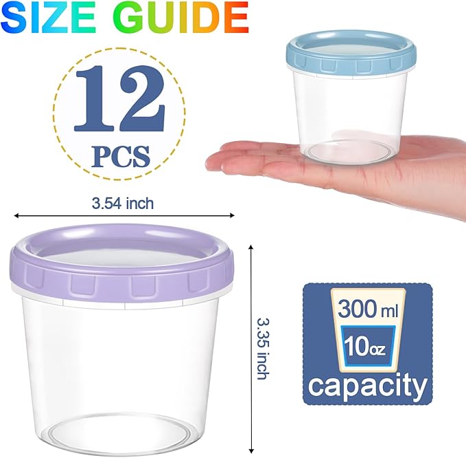 Yomarket 12pcs 10 oz Plastic Containers with Screw Lids, Reusable Clear Food Storage Containers with Pen and Brush for Snack Salad Fruit, Leakproof Small Freezer Container, Microwave & Dishwasher Safe