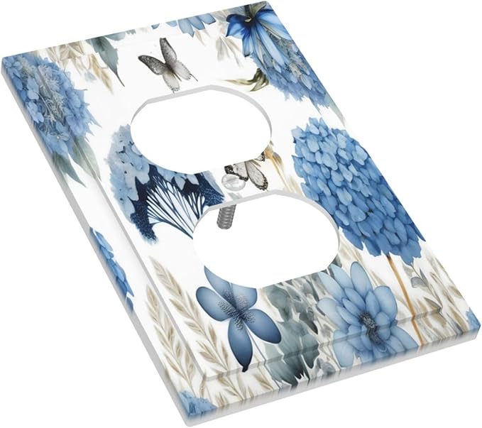 Blue Floral Hydrangea Floral Butterfly Flower Plant Outlet Covers 1 Gang Duplex Light Switch Cover Decorative Switch Plates Electrical Receptacle Faceplate Wall Plate for Bedroom Living Room Decor