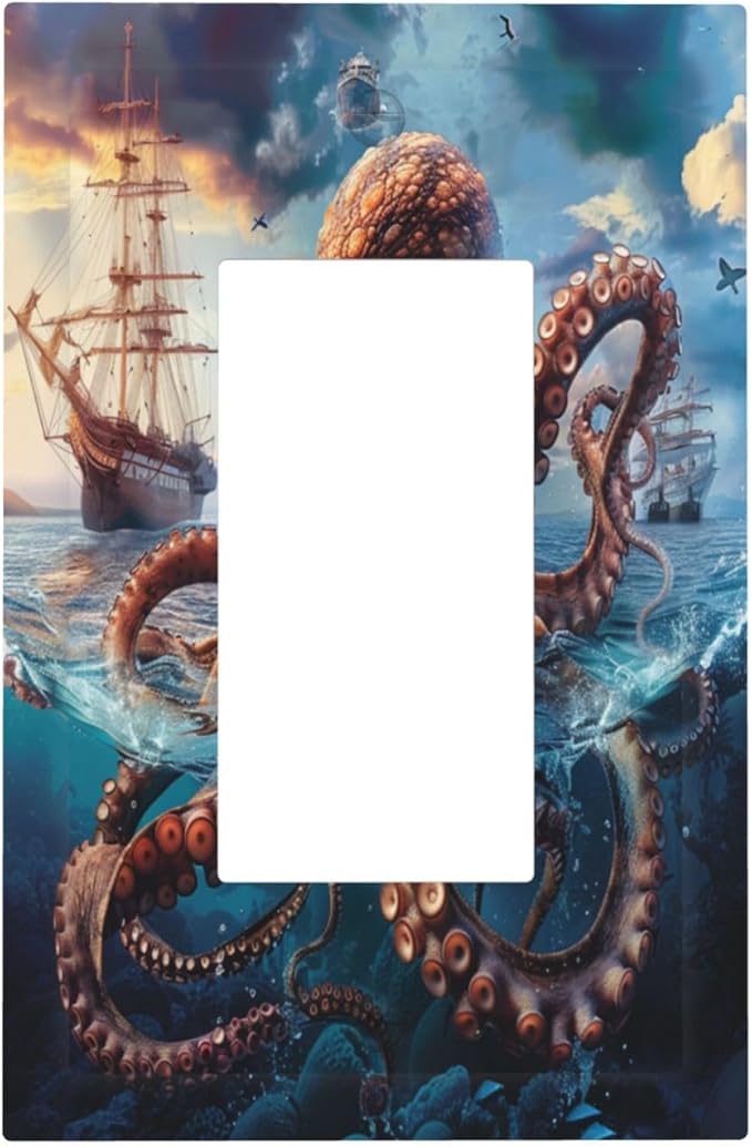 Light Switch Cover Plate Deep Ocean Octopus Sailboat Sea Monster 1 Gang Outlet Covers Single Rocker Decorative Switch plates Electrical Wall Plates GFCI Receptacle for Bathroom Bedroom Decor