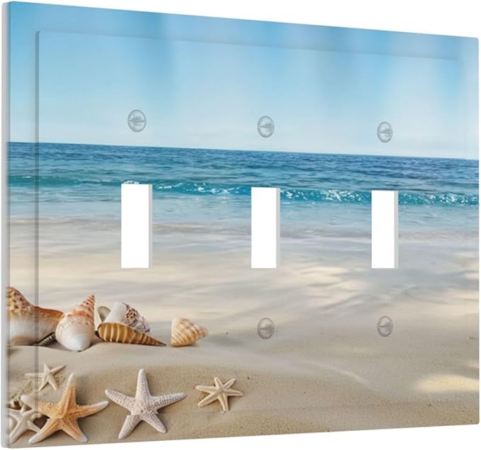 Light Switch Cover Plate Summer Beach Starfish Shells 3 Gang Switch Plate Covers Triple Toggle Decorative Wall Plates Electrical Faceplate for Bathroom Home Decor