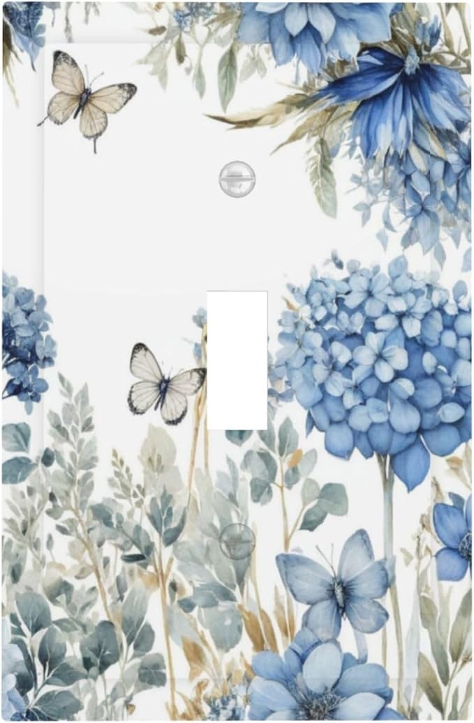 Decorative Light Switch Plate Covers Boho Blue Flowers Rustic Beige Butterfly Leaves 1 Gang Wall Plate Single Toggle Switch Cover Plate Jumbo Electrical Switchplate Receptacle Faceplate