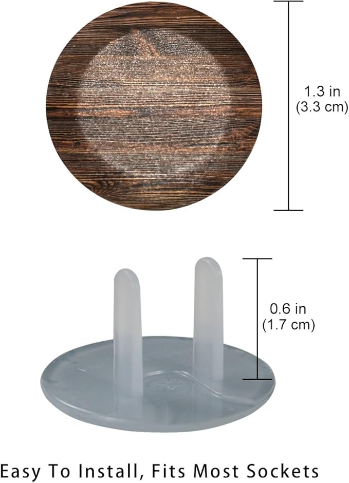 Vintage Brown Wood 12 Packs Outlet Covers Child Proof Plug Protector, Safety Outlet Plugs Covers, 2-Prong Wall Socket Protection Caps, Round Electrical Wall Receptacle for Home Office
