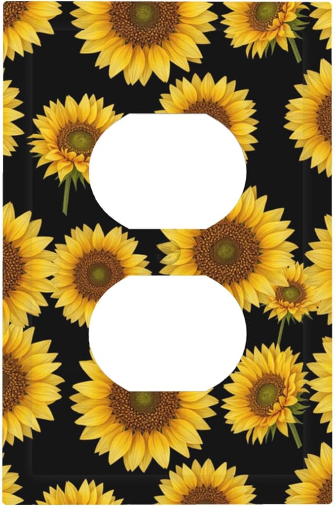 Sunflower Fields Duplex Wall Plate - 1-Gang Standard US Size Vibrant Sunflower on Black Outlet Covers, Boho Sunny Garden for Bedroom Decor