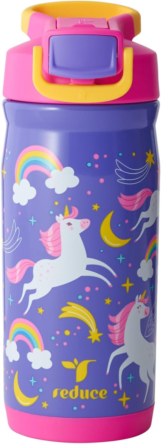 Reduce Hydrate Pro Kids 14oz Stainless Steel Insulated Water Bottle w/Straw – Spill Proof Tumbler for Kids – 30 Hour Cold Retention – Dishwasher Safe Leak-Proof Design - Unicorn Magic