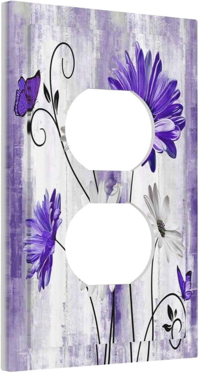 Purple Daisy Butterfly Boho White Floral 1 Gang Wall Plate Cover Receptacle Duplex Light Switch Cover Plate Single Dual Plug Covers Electrical Switchplate