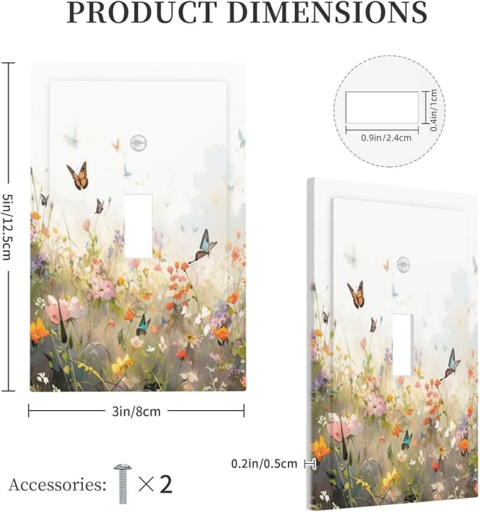 Wildflowers Watercolor Floral Colorful Butterfly Decorative Light Switch Cover 1 Gang Single Toggle Device Electrical Faceplate Switchplates Decorator Outlet Wall Plate for Farmhouse Bed Room Decor