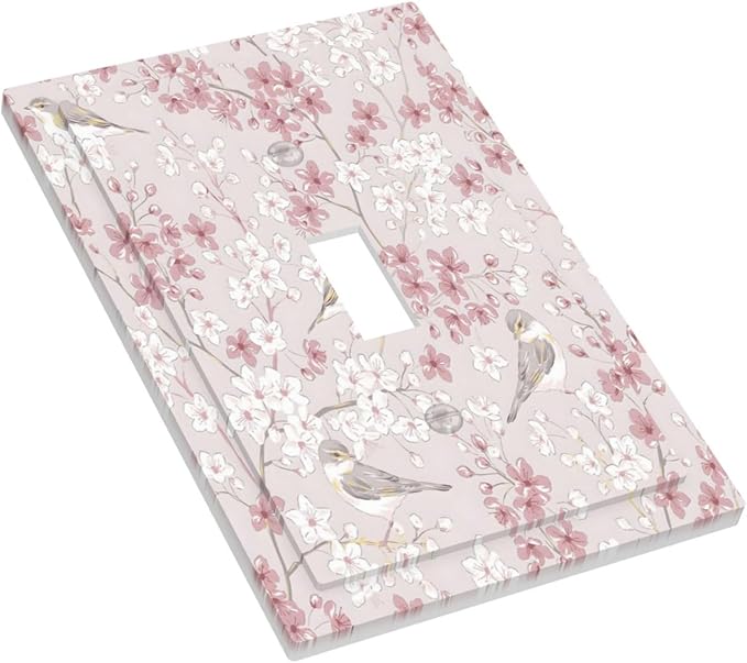 Pink Sakura Cherry Blossom Vintage Bird Floral Flower Decorative Light Switch Cover 1 Gang Single Toggle Device Electrical Faceplate Switchplates Decorator Outlet Wall Plate for Bedroom Living Room