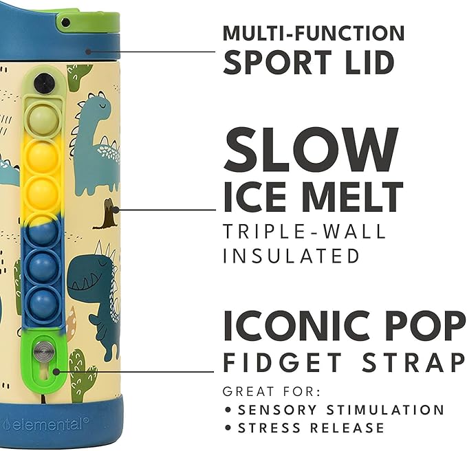 Elemental Iconic Kids Water Bottle for School - 100% Leak-Proof Insulated Water Bottles with Straw Lid & Pop-It Handle for Boys & Girls - Triple-Wall Insulated & BPA-Free, 14oz – Dinosaur
