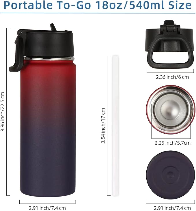 Volhoply 18oz Kids Insulated Water Bottle,Stainless Steel Water Bottles with Straw Lid,Double Wall Vacuum Metal Sports Water Flask,Wide Mouth Reusable Travel Cups For Cold Drink(Red Purple,1 Set)