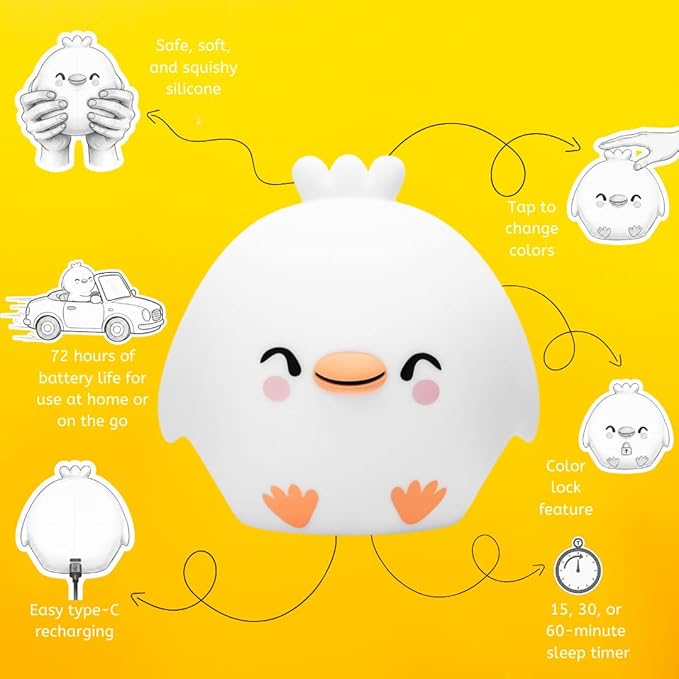 Lumipets Clara the Chick Squishy Silicone Night Light for Kids | Cute Night Light with Remote & Touch Control for Baby & Toddler Bedrooms | Color Changing Portable Animal Nightlight | Soft Mood Lamp