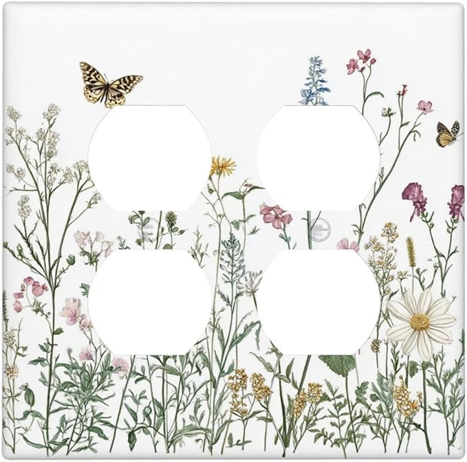 Outlet Covers Rustic Wildflowers Butterfly Colorful Floral 2 Gang Double Duplex Decorative Light Switch Covers Electrical Wallplates Socket Faceplate For Bed Room Living Room Decor