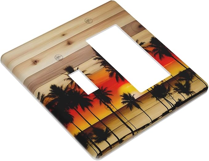 Sunset Beach Coconut Palm Tree Wooden Background Outlet Covers 1 Toggle 1 Rocker Combination Decorative Wall Plate Electrical Switch Plates Light Switch Cover Plate for Bedroom Living Room Decor
