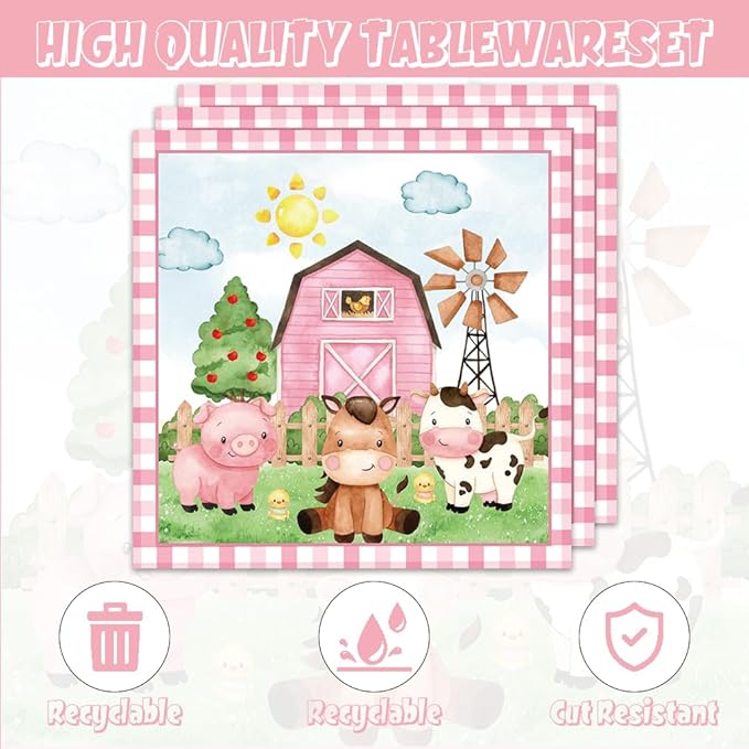 40pcs Farm Animals Party Supplies Plates and Npakins Farm House Animal Barnyard Theme Birthday Party Decorations Pink Barn Animal Baby Shower Tableware Sets