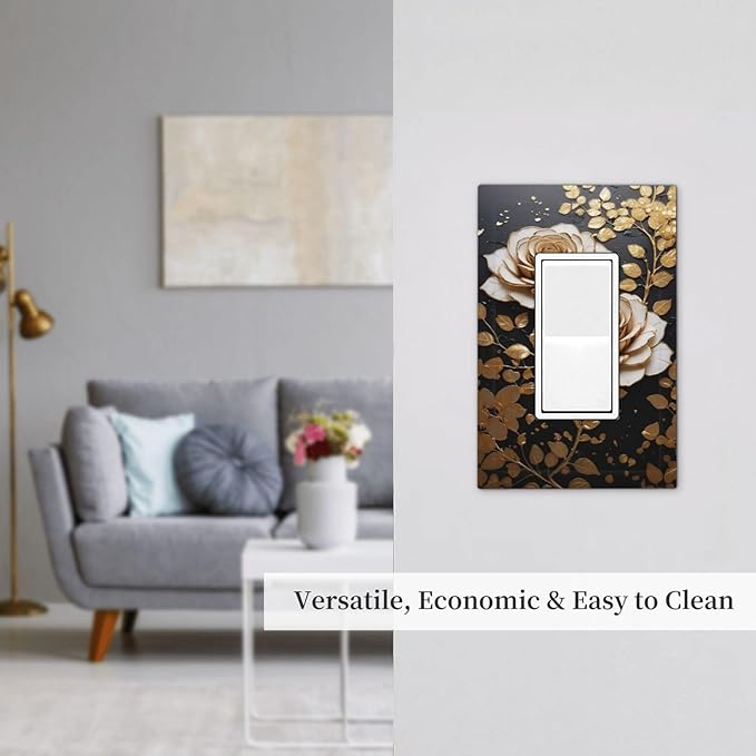 Decorative Outlet Covers Big Golden White Roses Glod Leaves Black Background 1 Gang Single Decora GFCI Device Light Switch Covers Plate 1 Rocker Wall Plate Jumbo Switch Cover Plate