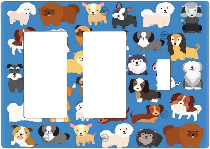 Cute Animal Dogs Puppy Decorative Outlet Cover 2 Rocker 1 Toggle Light Switch Plate Cover Electricity Receptacles Plates For Home Kitchen Living Bedroom 6.4 * 4.5