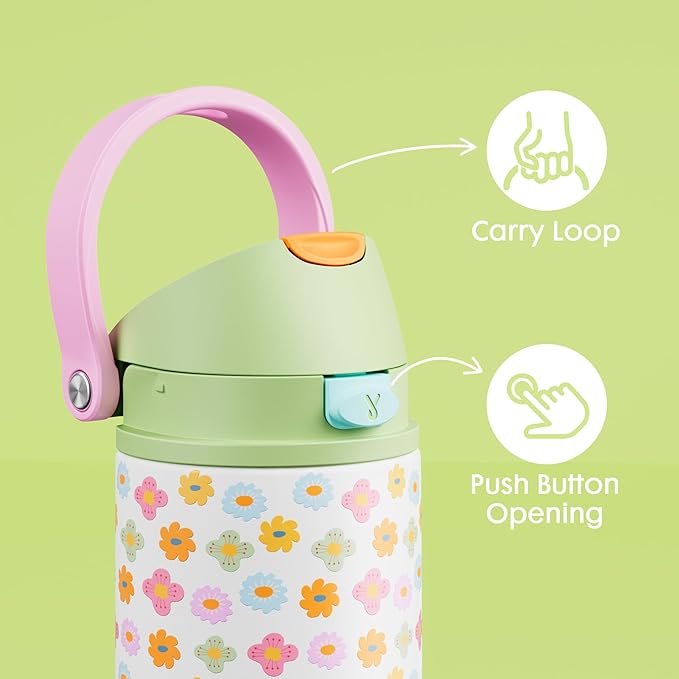 18 oz Kids Water Bottle for School: Meoky 18 oz Stainless Steel Insulated Water Bottle with 2-in-1 Straw and Spout Lid - Leak Proof, Fits in Car Cup Holder, BPA-Free for Teen Girls, Rainbow Blooms