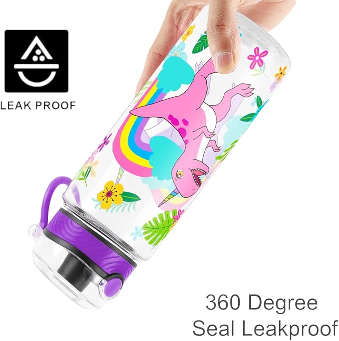 Home Tune Cute Water Bottle for School Kids Girls, BPA FREE Tritan & Leak Proof & Easy Clean & Carry Handle, 23oz/ 680ml (Rainbow Dinosaur)