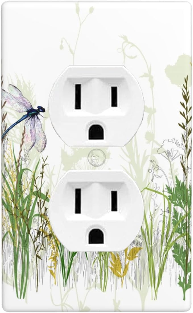 1-Gang Duplex Wall Plate, Wildflower & Dragonfly Printed Outlet Cover, Boho Cottage Garden Floral Decor for Sunroom Bedroom