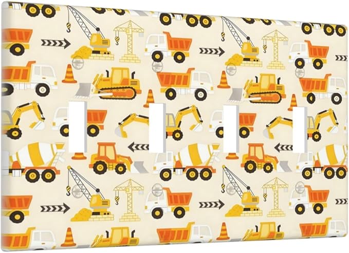 Decorative Light Switch Cover Plate Construction Vehicle Yellow Trucks Diggers 4 Gang Wall Plates for Electrical Quad Toggle Switch Plate Covers Outlet Covers Faceplate for Home Decor