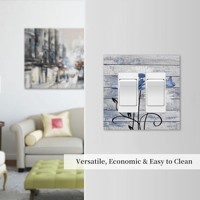 Blue White Daisy Flower Butterfly Rustic Wood Board Decorative Outlet Covers 2 Gang Double GFCI Rocker Electrical Wall Panels Light Switch Cover Plate for Farmhouse Bedroom Decor