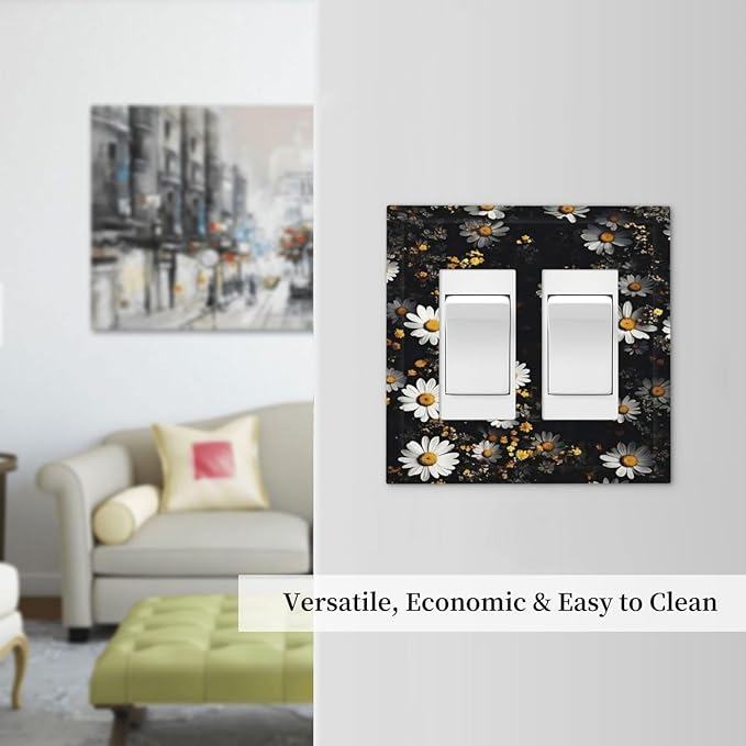 White Black Daisy Wildflower Modern Chrysanthemum Decorative Outlet Covers 2 Gang Double GFCI Rocker Electrical Wall Panels Light Switch Cover Plate for Bedroom Farmhouse Decor