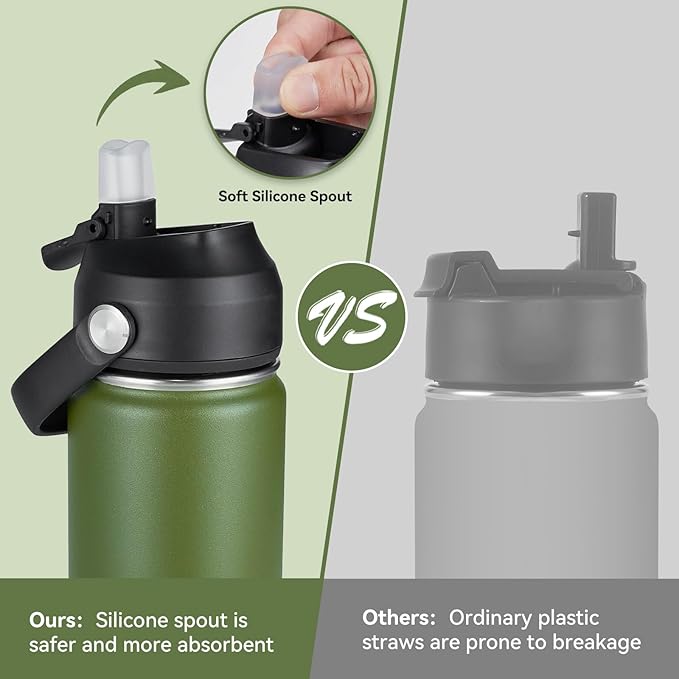Fijinhom 18oz Insulated Stainless Steel Water Bottle, Wide Mouth Double Wall Vacuum, Silicone Straw, Sweat & Leak Proof, BPA Free Insulated Water Flask for Travel, Keep Cold 24h Hot 12h, Green