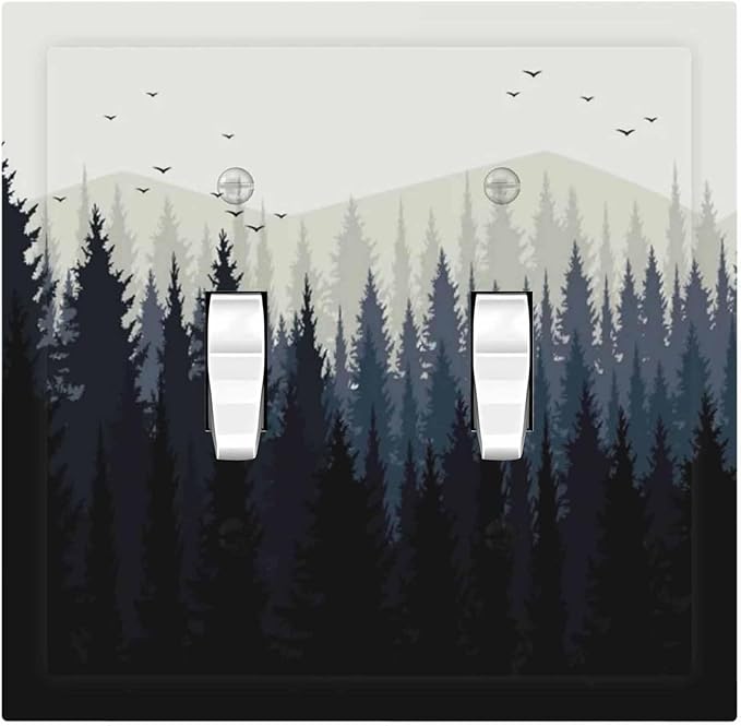 Decorative Switch Plates Forest Pine Tree Mountains Black Bird 2 Gang Double Toggle Outlet Light Switch Cover Wall Plate Electrical Faceplate For Bed Room Farmhouse Decor