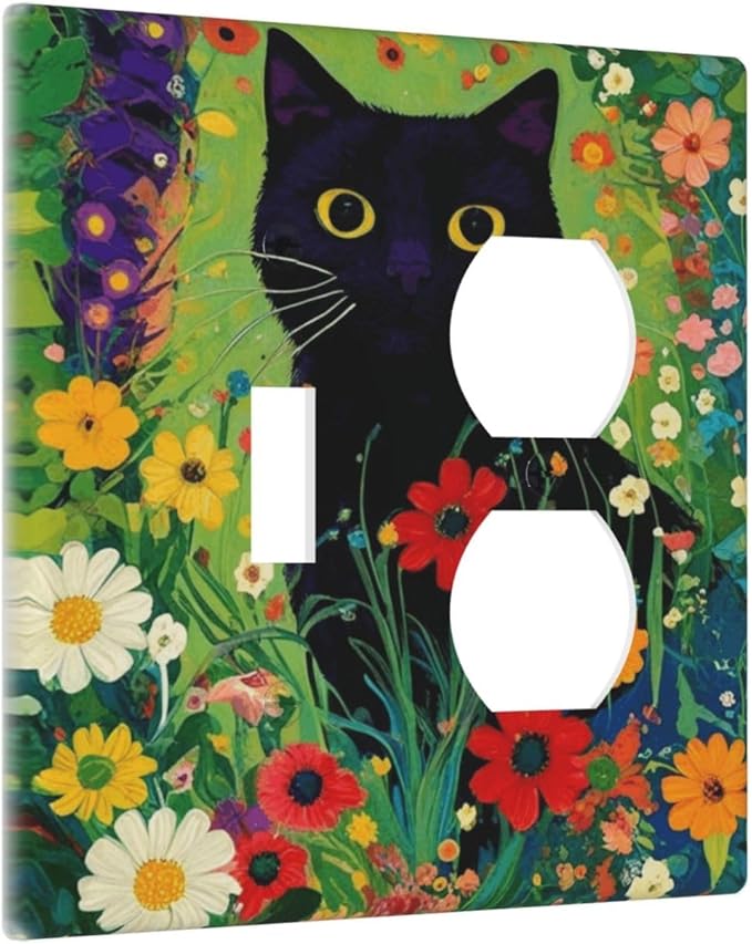 Decorative Art Light Switch Covers BlackCat&Flowers 2 Gang Single Toggle Duplex Combination Electrical Faceplate Switchplate Wall Plate for Home Decor