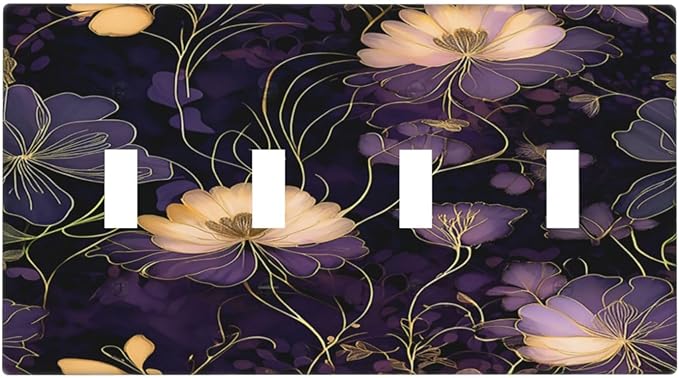 Modern Boho Vintage Gold Purple Dark Floral Modern Abstract Flowers Light Switch Covers Quad Toggle 4 Gang Wall Plate Decorative Switch Plates Electrical Faceplate for Bedroom Living Room Decor